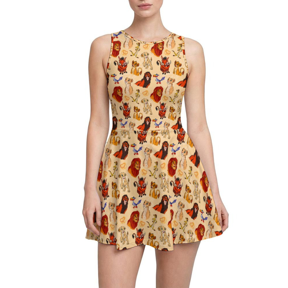 Sketched Savanna Friends - Women’s Sleeveless Athletic Skater Dress with Built-In Shorts