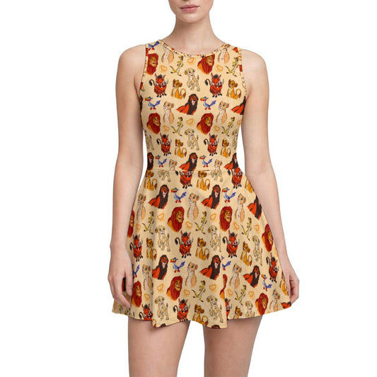 Sketched Savanna Friends - Women’s Sleeveless Athletic Skater Dress with Built-In Shorts