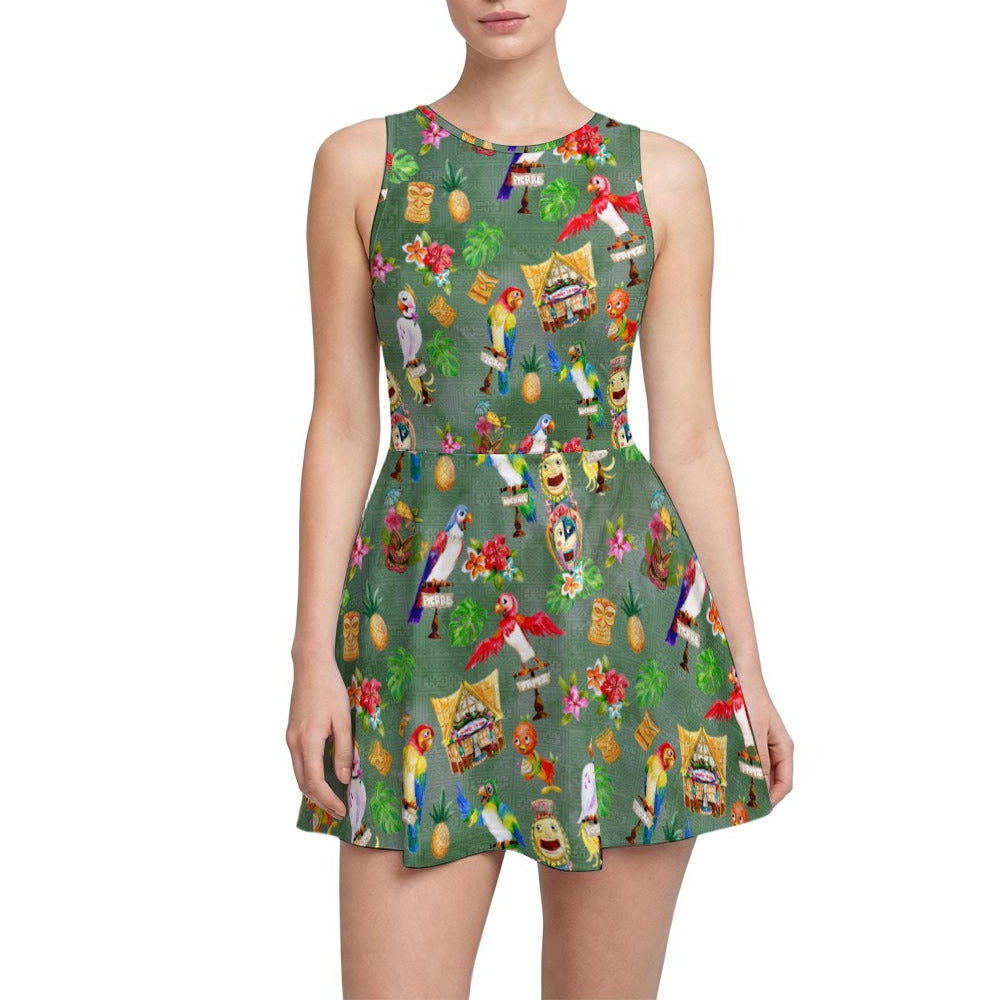 Orange Bird &amp; Tiki Friends - Women’s Sleeveless Athletic Skater Dress with Built-In Shorts