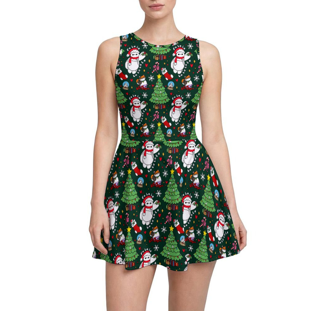 Robot Christmas Cheer - Women’s Sleeveless Athletic Skater Dress with Built-In Shorts