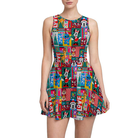Mouse Christmas Colorblock - Women’s Sleeveless Athletic Skater Dress with Built-In Shorts