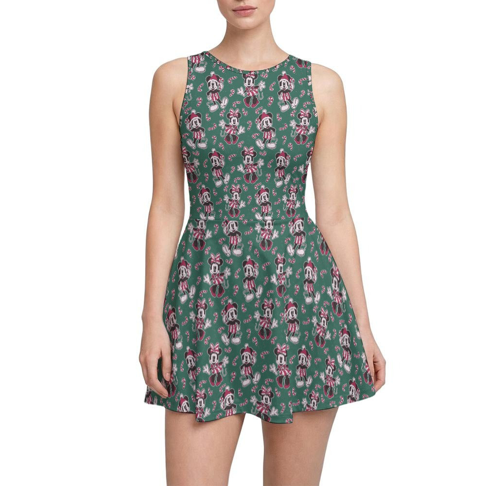 Mouse and Bow Peppermint Pals - Women’s Sleeveless Athletic Skater Dress with Built-In Shorts