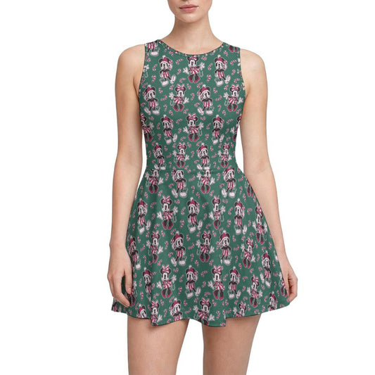Mouse and Bow Peppermint Pals - Women’s Sleeveless Athletic Skater Dress with Built-In Shorts