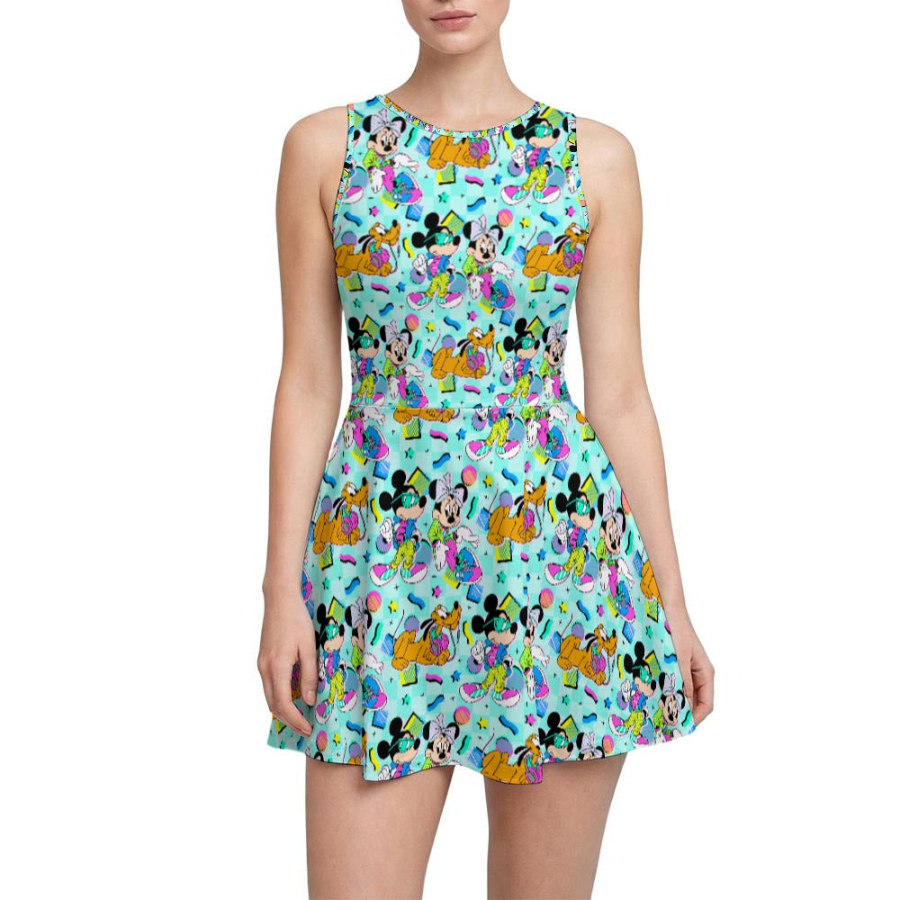 80s Pop Party Pals - Women’s Sleeveless Athletic Skater Dress with Built-In Shorts
