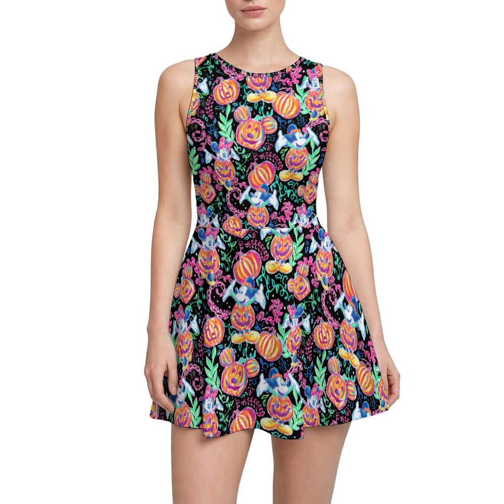 Mouse and Friends Pumpkin Parade - Women’s Sleeveless Athletic Skater Dress with Built-In Shorts