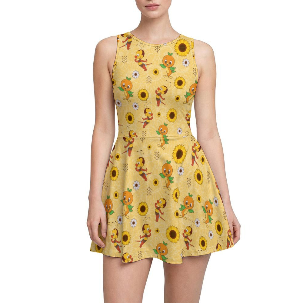 Cheerful Bee & Citrus Bird - Women’s Sleeveless Athletic Skater Dress with Built-In Shorts