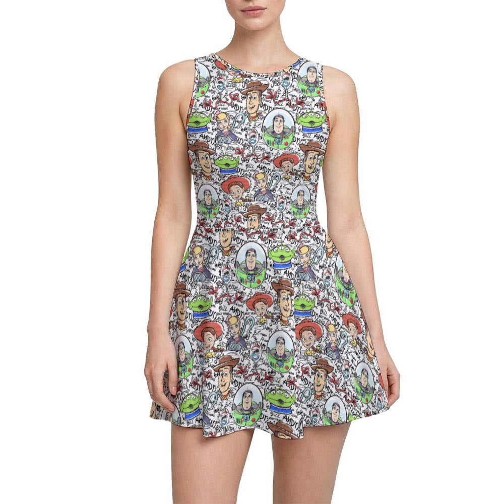 Sketch Autographs of Animated Toy Friends - Women’s Sleeveless Athletic Skater Dress with Built-In Shorts
