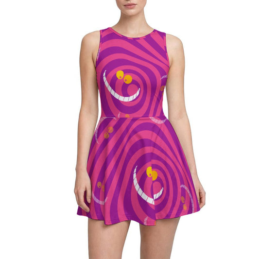 Whimsical Grinning Stripes - Women’s Sleeveless Athletic Skater Dress with Built-In Shorts
