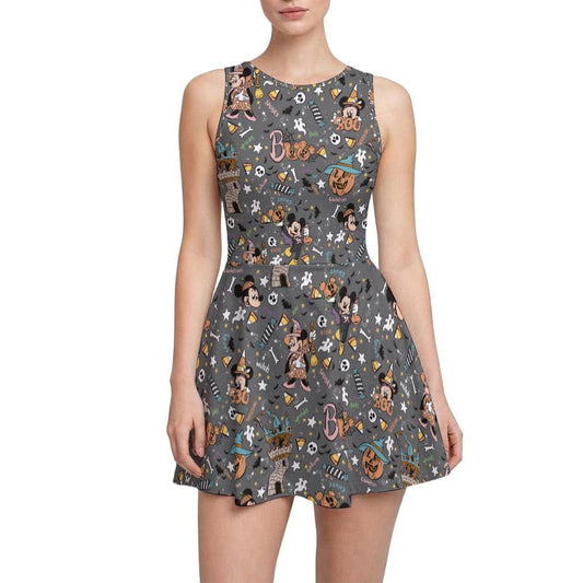 Spooky Spellbook Doodles - Women’s Sleeveless Athletic Skater Dress with Built-In Shorts