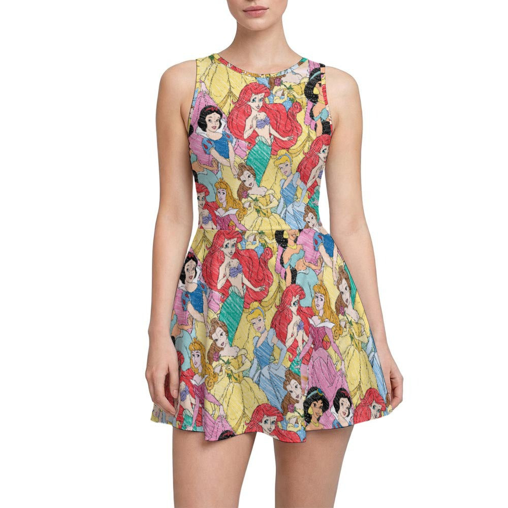 Royal Princess Sketches - Women’s Sleeveless Athletic Skater Dress with Built-In Shorts