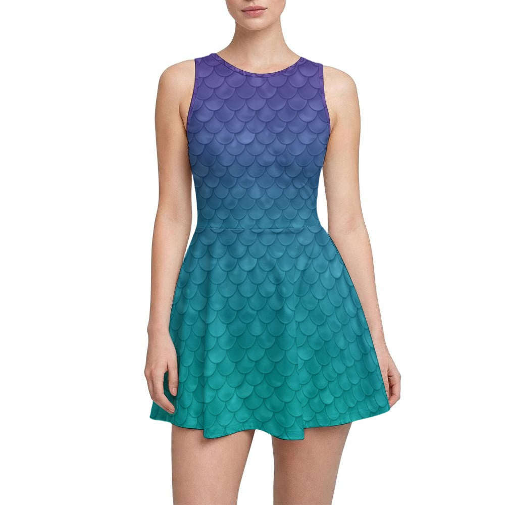 Dreamy Mermaid Scales - Women’s Sleeveless Athletic Skater Dress with Built-In Shorts