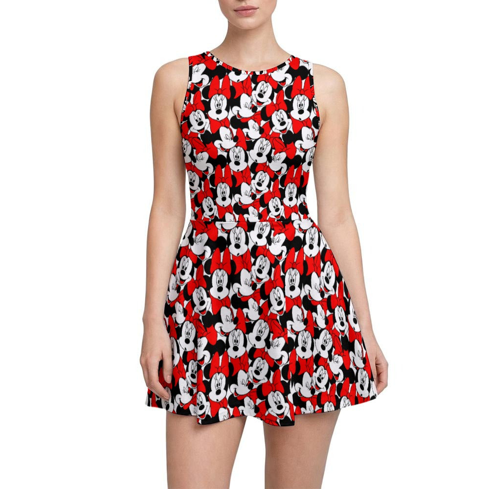 Many Faces of Polka Dot Mouse - Women’s Sleeveless Athletic Skater Dress with Built-In Shorts