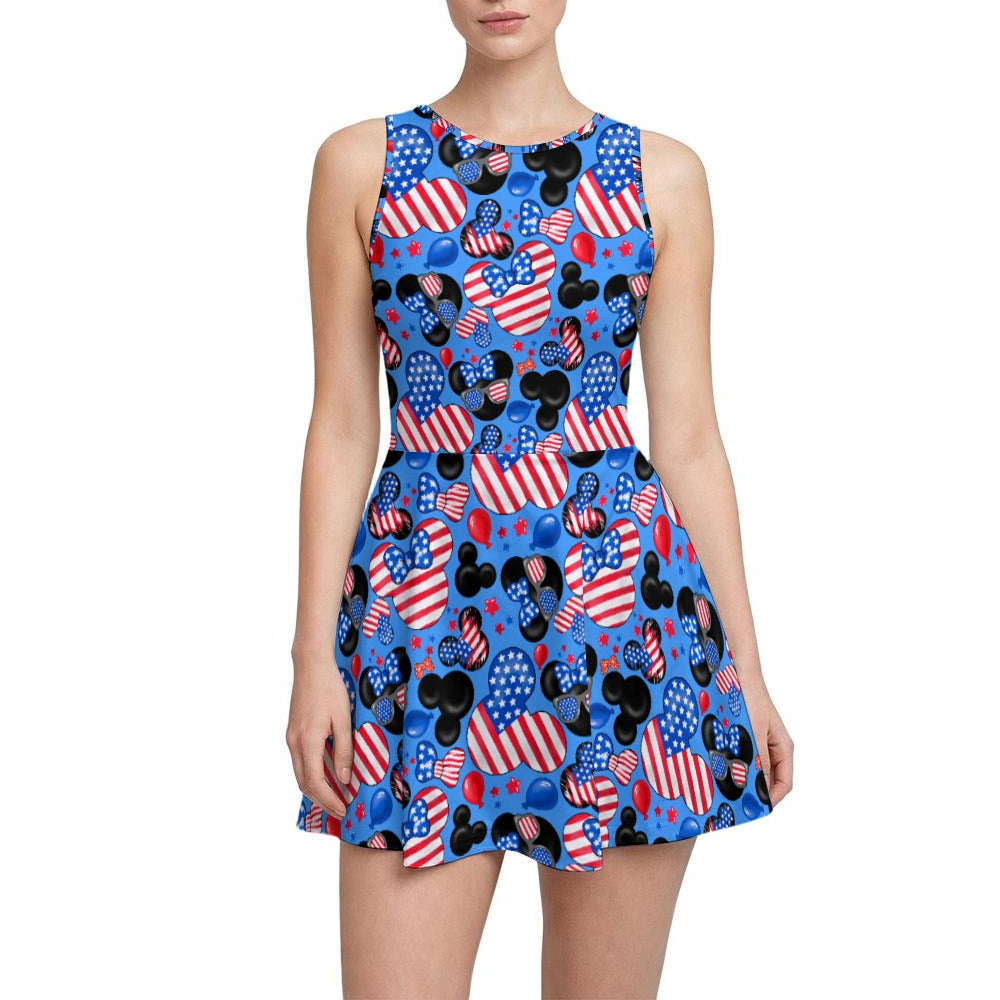 Mouse Fourth of July Celebration - Women’s Sleeveless Athletic Skater Dress with Built-In Shorts