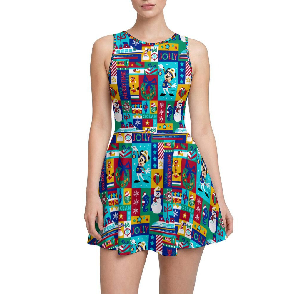 Sailor's Merry-at-Sea Patchwork - Women’s Sleeveless Athletic Skater Dress with Built-In Shorts