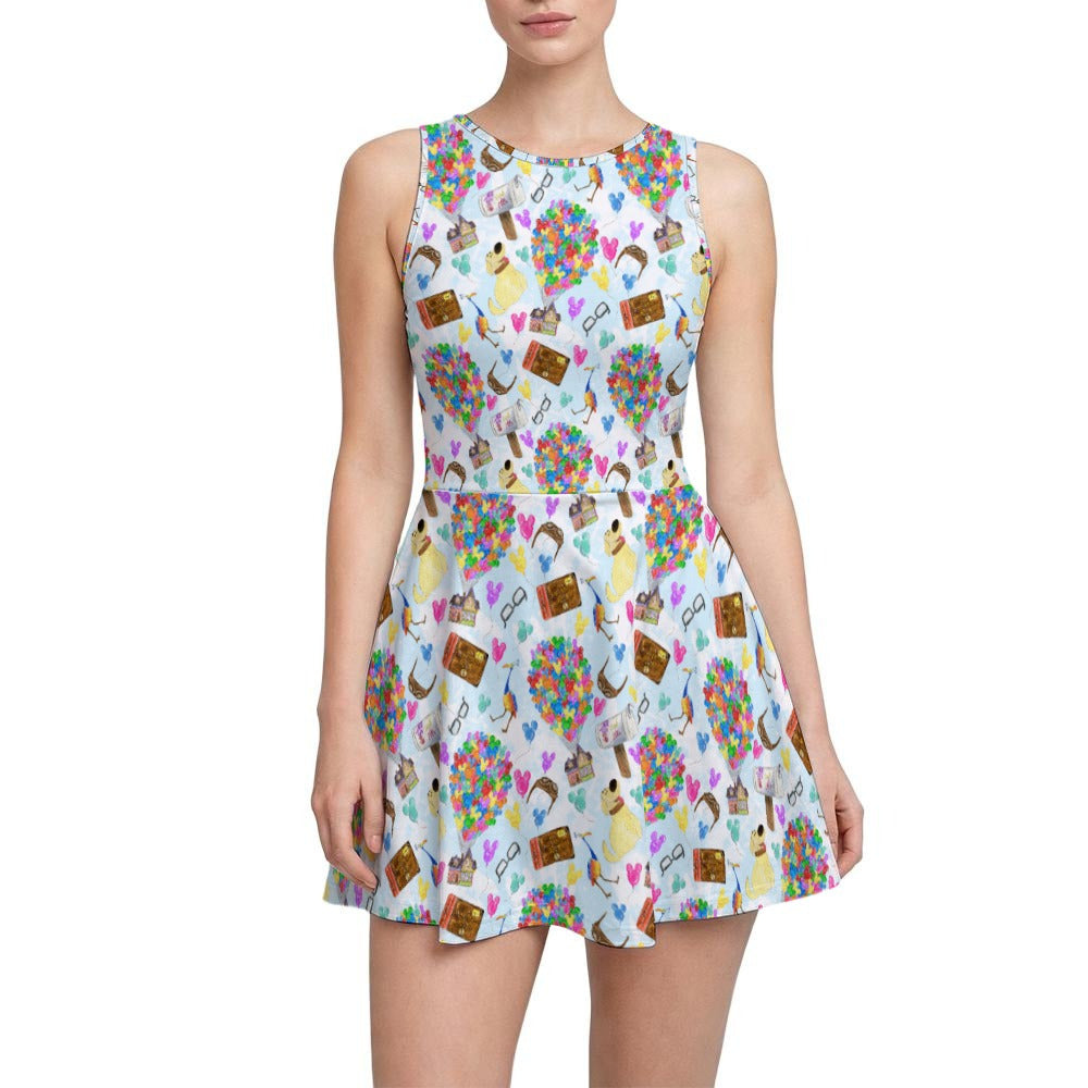 Up Adventure Icons - Women’s Sleeveless Athletic Skater Dress with Built-In Shorts