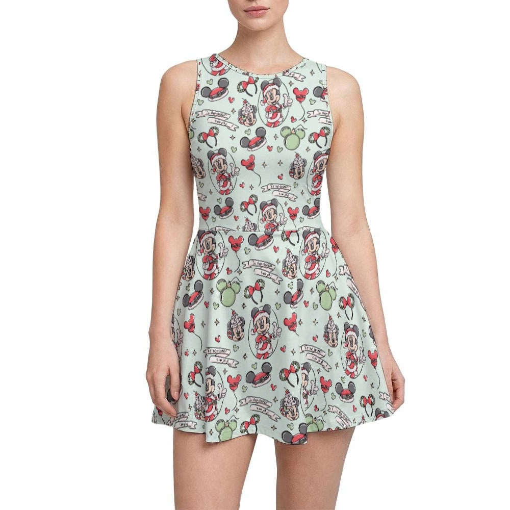 Mouse Pair Jolly Holiday - Women’s Sleeveless Athletic Skater Dress with Built-In Shorts