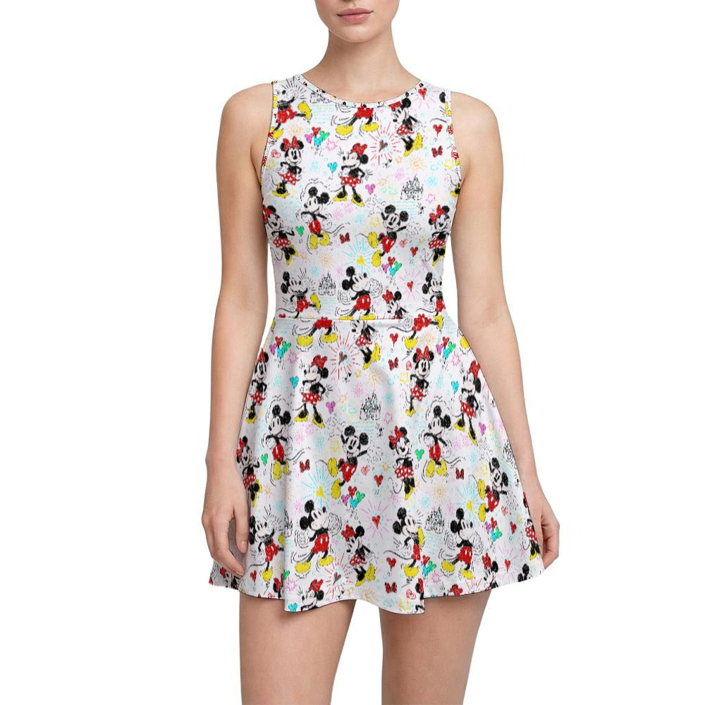 Doodle Mouse Magic - Women’s Sleeveless Athletic Skater Dress with Built-In Shorts