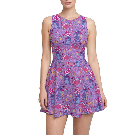 Blue Alien Mushroom Mischief - Women’s Sleeveless Athletic Skater Dress with Built-In Shorts