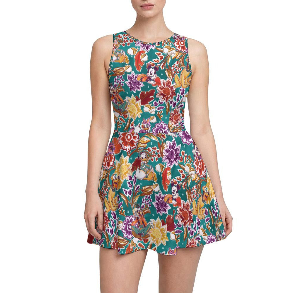 Mouse and Friends Fall Garden - Women’s Sleeveless Athletic Skater Dress with Built-In Shorts