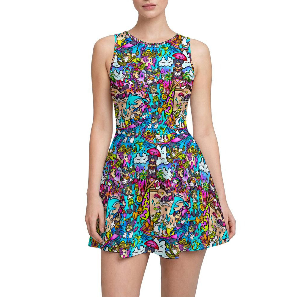Island Beach Bash - Women’s Sleeveless Athletic Skater Dress with Built-In Shorts