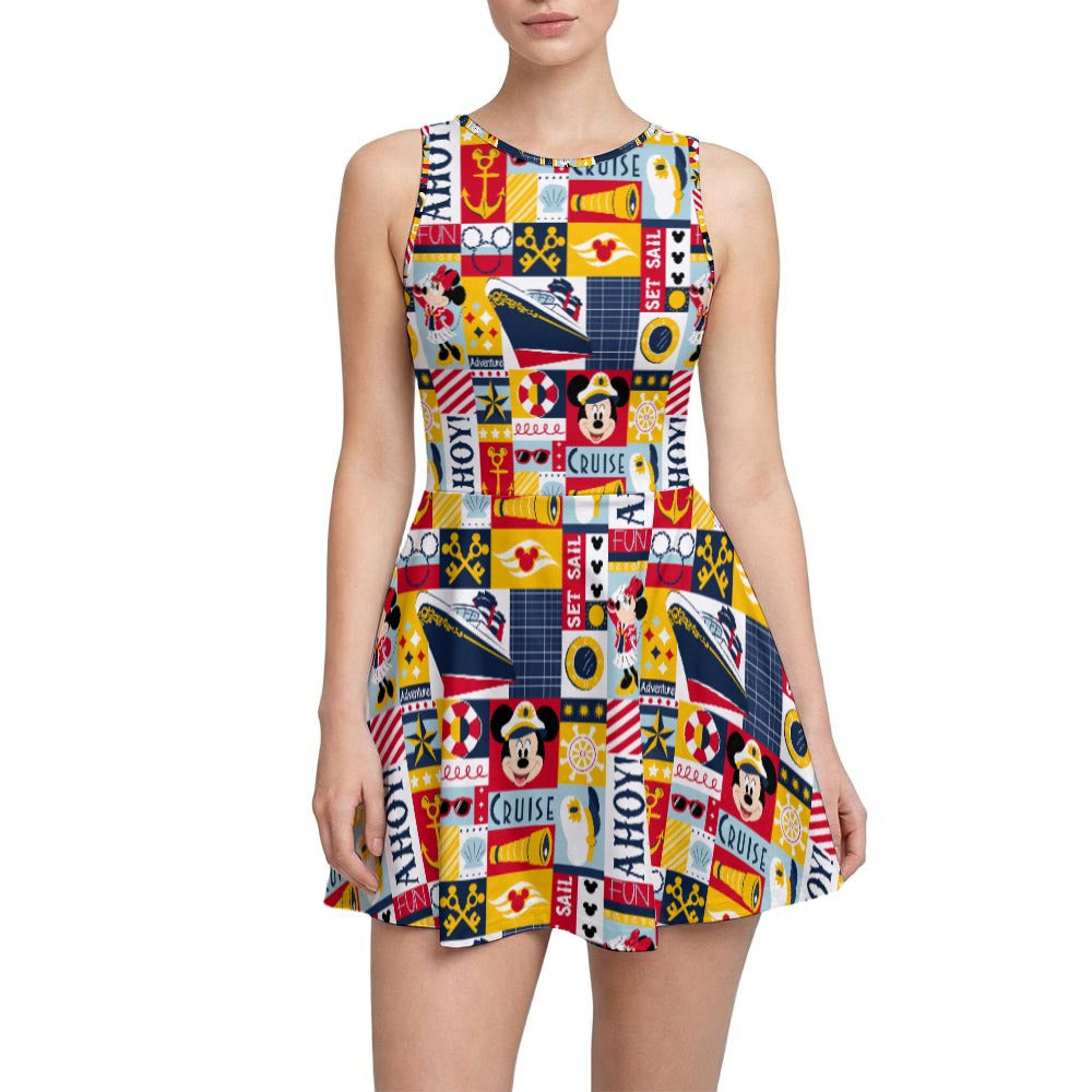 Nautical Cruise Patchwork - Women’s Sleeveless Athletic Skater Dress with Built-In Shorts