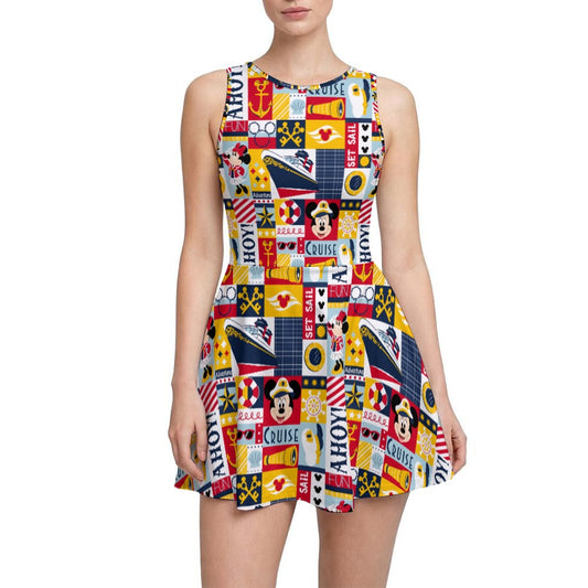 Nautical Cruise Patchwork - Women’s Sleeveless Athletic Skater Dress with Built-In Shorts