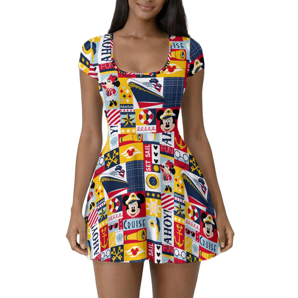 Nautical Cruise Patchwork - Women’s Short Sleeve Athletic Skater Dress with Built-In Shorts