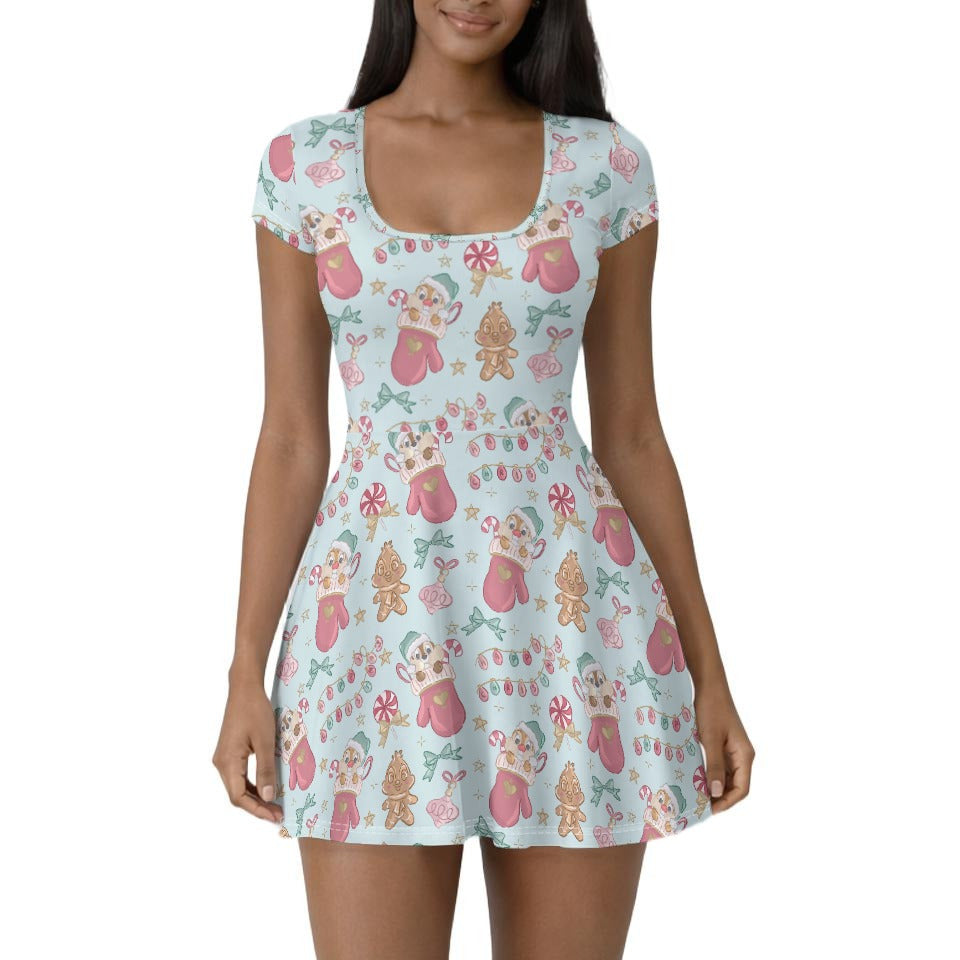 Cheeky Chipmunks Candy Cane Cheer - Women’s Short Sleeve Athletic Skater Dress with Built-In Shorts