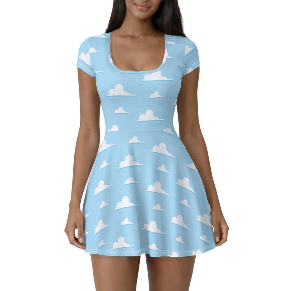 Cloud Nine Nursery Sky - Women’s Short Sleeve Athletic Skater Dress with Built-In Shorts