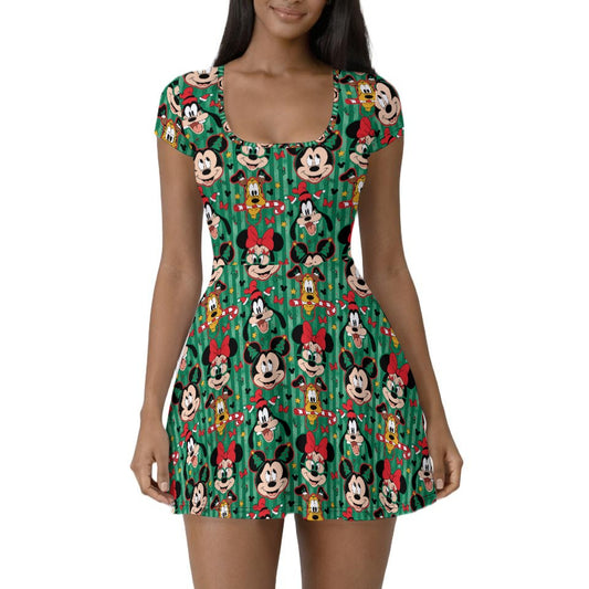 Mouse's Holly Jolly Parade - Women’s Short Sleeve Athletic Skater Dress with Built-In Shorts