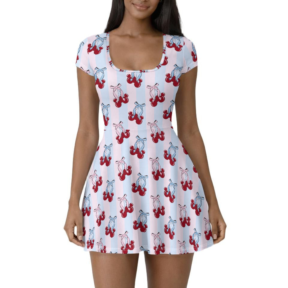Cherry Ear Bows - Women’s Short Sleeve Athletic Skater Dress with Built-In Shorts