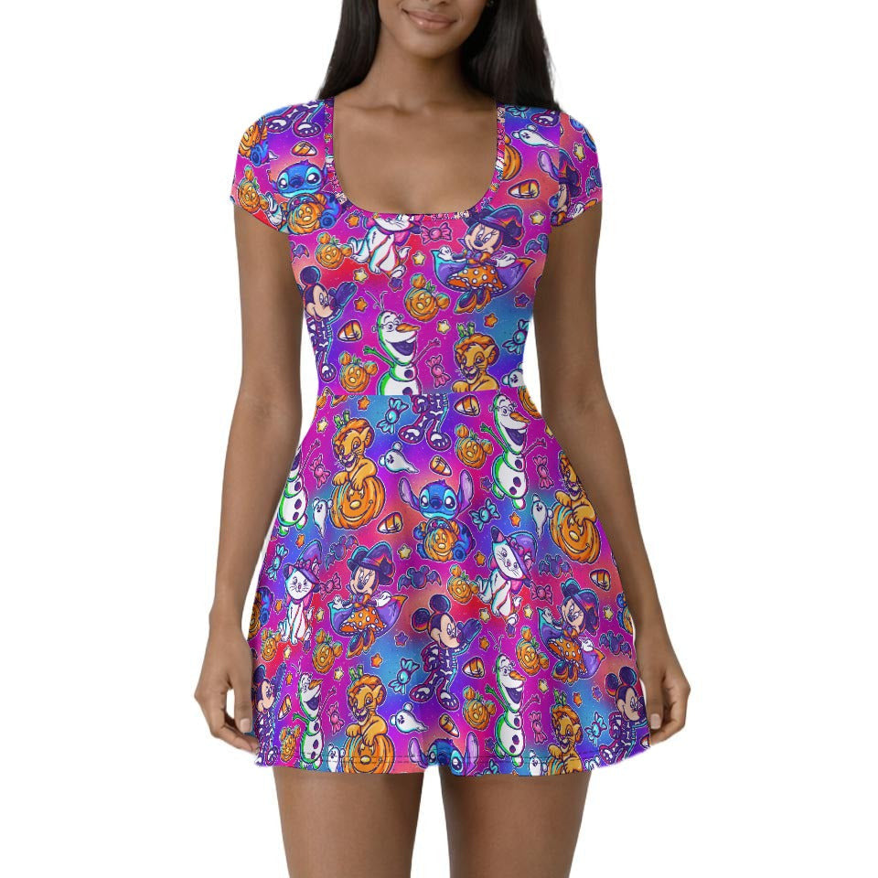 Classic Character Halloween Mashup - Women’s Short Sleeve Athletic Skater Dress with Built-In Shorts