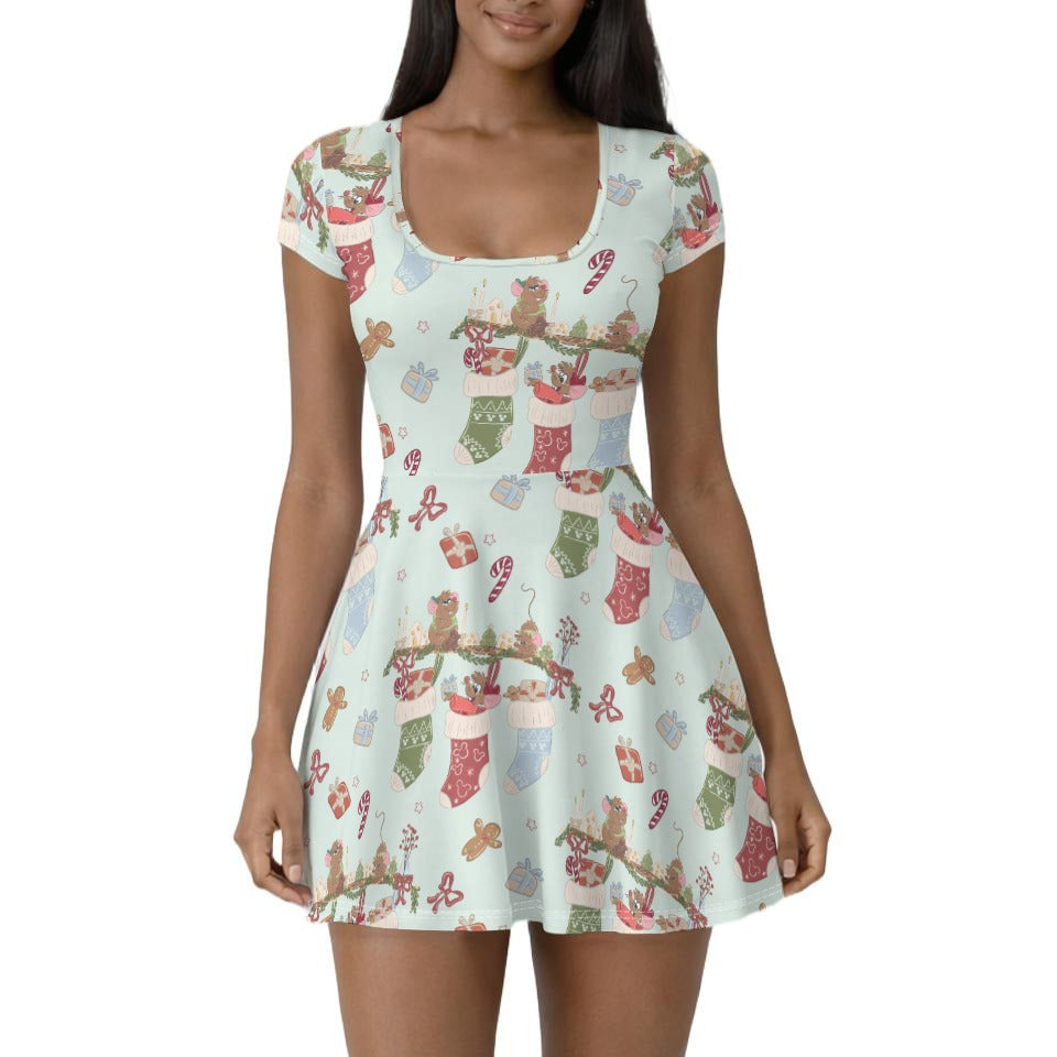 Fairytale Christmas Stocking Stowaways - Women’s Short Sleeve Athletic Skater Dress with Built-In Shorts