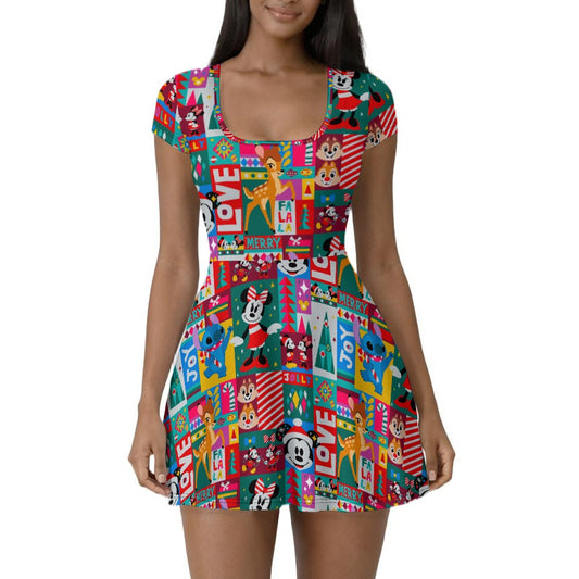 Mouse Christmas Colorblock - Women’s Short Sleeve Athletic Skater Dress with Built-In Shorts
