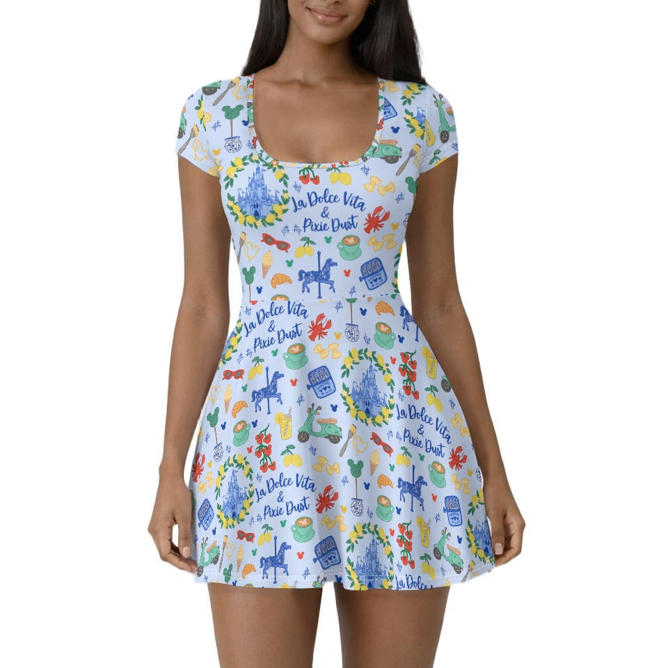 Sweet Life Pixie Dust - Women’s Short Sleeve Athletic Skater Dress with Built-In Shorts