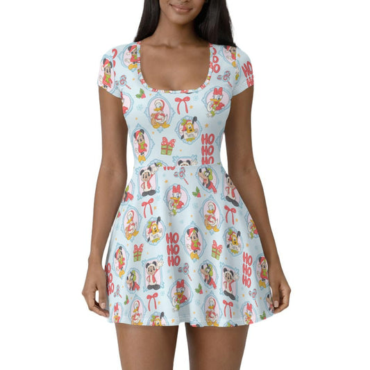 Holiday Character Ho Ho Cameos - Women’s Short Sleeve Athletic Skater Dress with Built-In Shorts
