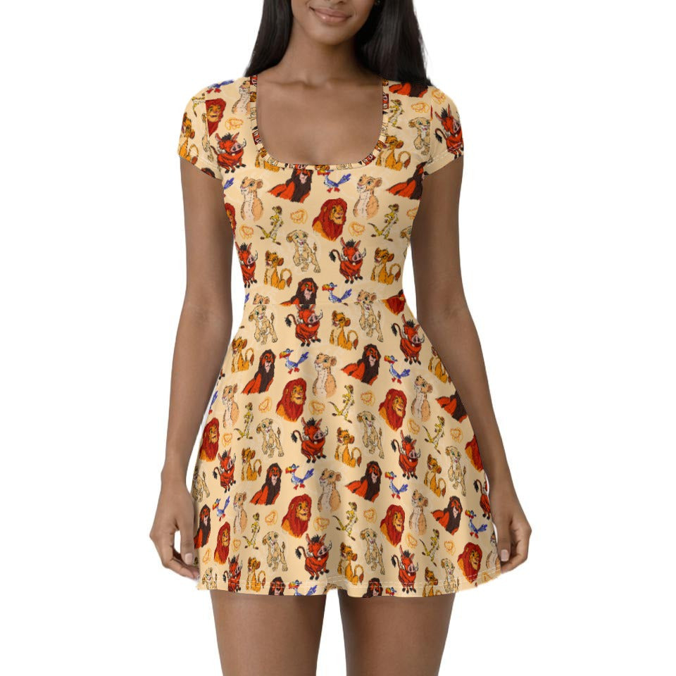 Sketched Savanna Friends - Women’s Short Sleeve Athletic Skater Dress with Built-In Shorts