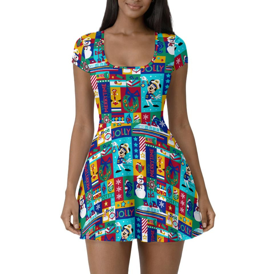 Sailor's Merry-at-Sea Patchwork - Women’s Short Sleeve Athletic Skater Dress with Built-In Shorts