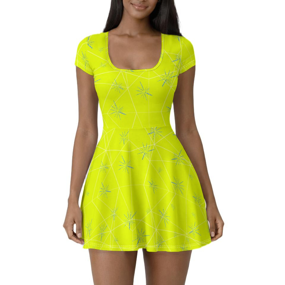 Joyful Blue & Yellow Florals - Women’s Short Sleeve Athletic Skater Dress with Built-In Shorts