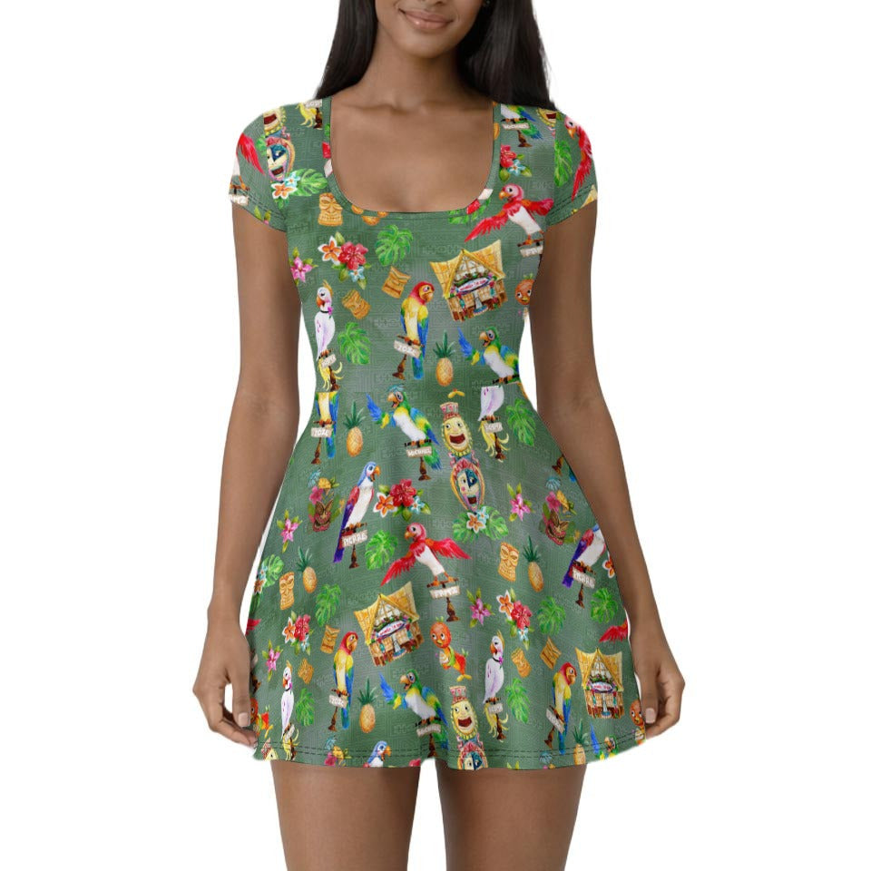 Orange Bird &amp; Tiki Friends - Women’s Short Sleeve Athletic Skater Dress with Built-In Shorts