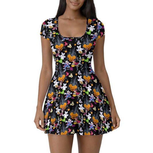 Mouse Gang Trick or Treat - Women’s Short Sleeve Athletic Skater Dress with Built-In Shorts