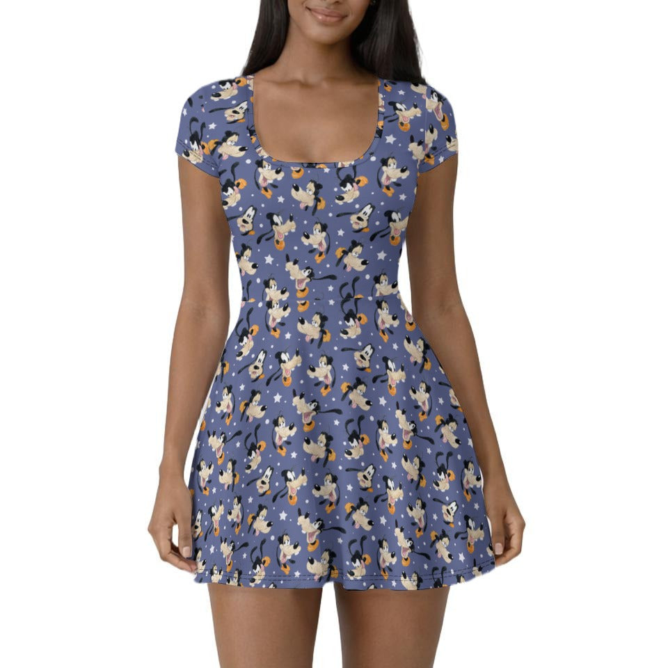 Funny Silly Dog - Women’s Short Sleeve Athletic Skater Dress with Built-In Shorts