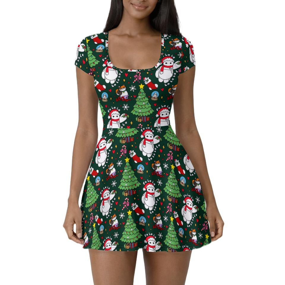 Robot Christmas Cheer - Women’s Short Sleeve Athletic Skater Dress with Built-In Shorts