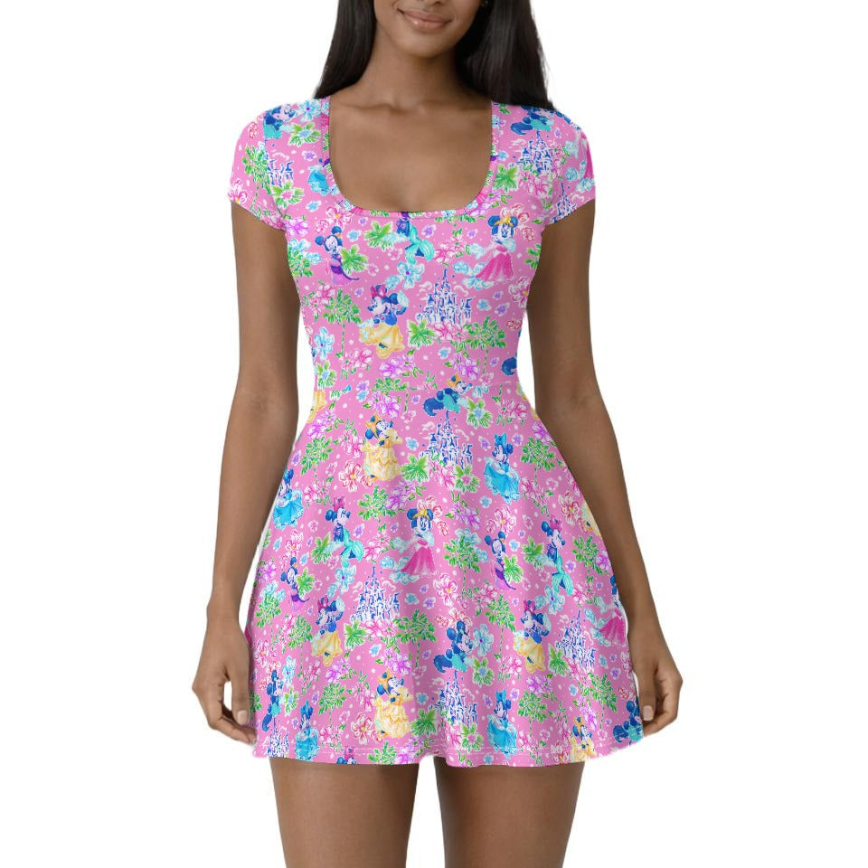 Princess Palm Party - Women’s Short Sleeve Athletic Skater Dress with Built-In Shorts