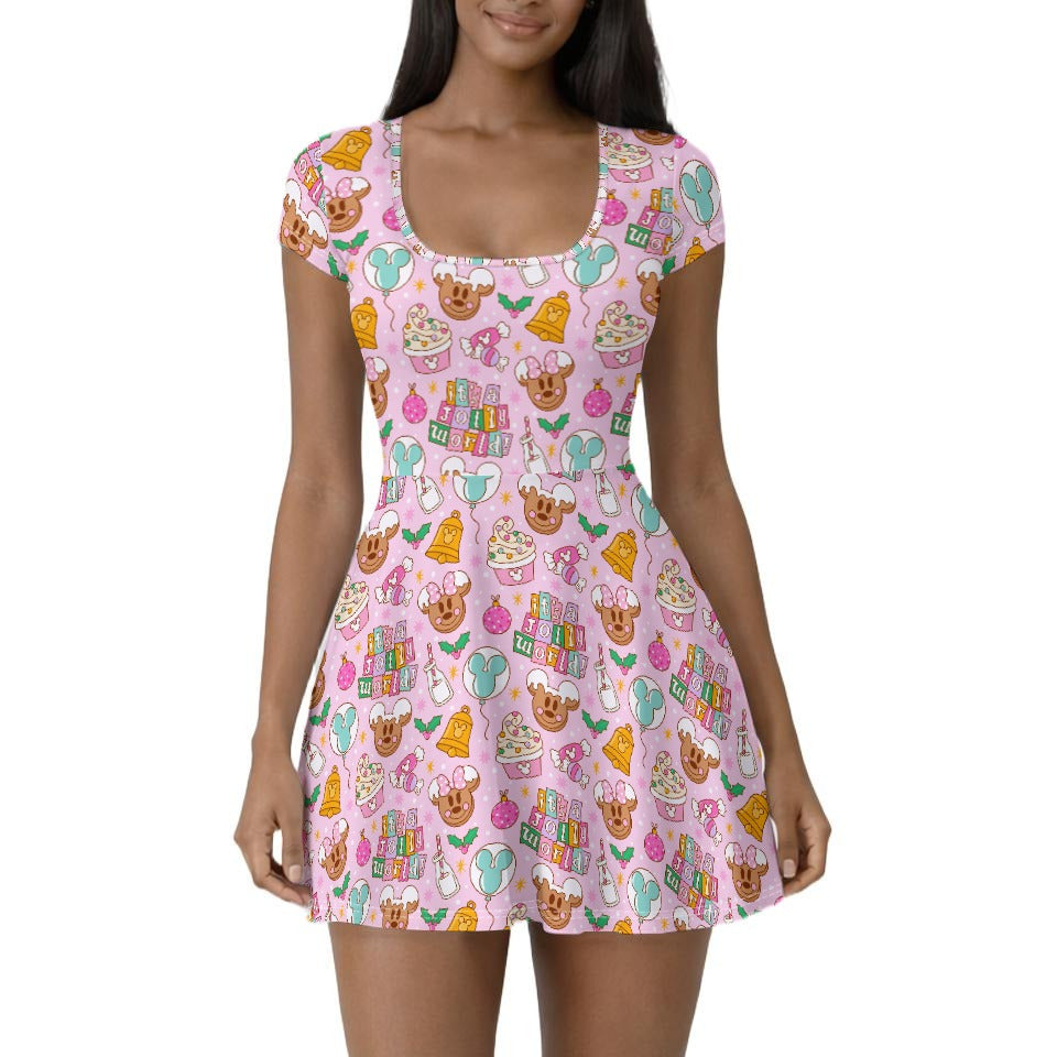 Tiny World Christmas Sugar Rush - Women’s Short Sleeve Athletic Skater Dress with Built-In Shorts