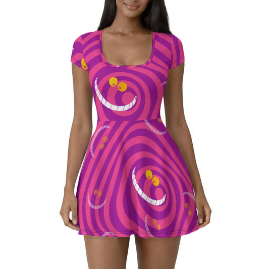 Whimsical Grinning Stripes - Women’s Short Sleeve Athletic Skater Dress with Built-In Shorts