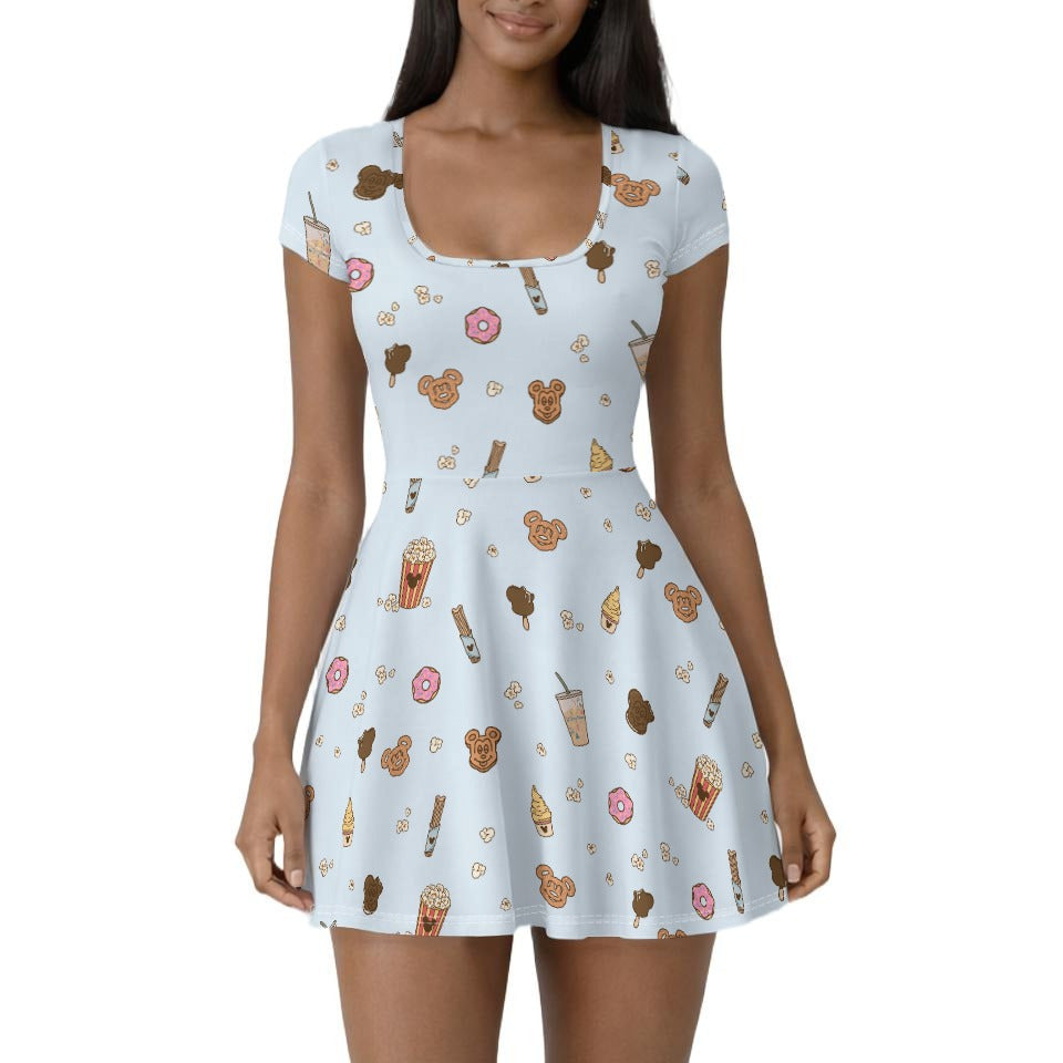 Minimal Snackcore - Women’s Short Sleeve Athletic Skater Dress with Built-In Shorts