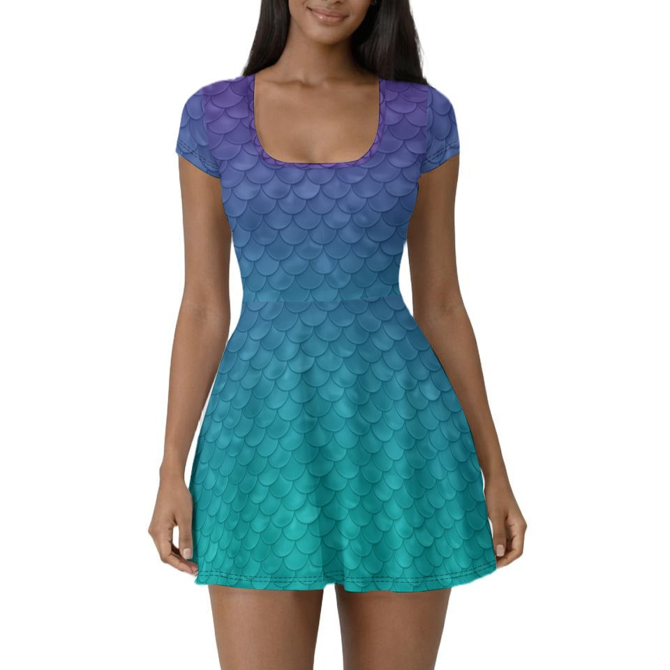 Dreamy Mermaid Scales - Women’s Short Sleeve Athletic Skater Dress with Built-In Shorts