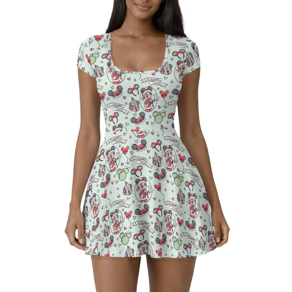 Mouse Pair Jolly Holiday - Women’s Short Sleeve Athletic Skater Dress with Built-In Shorts