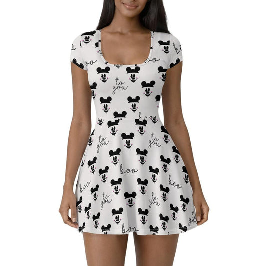 Spooky Mouse Greetings - Women’s Short Sleeve Athletic Skater Dress with Built-In Shorts